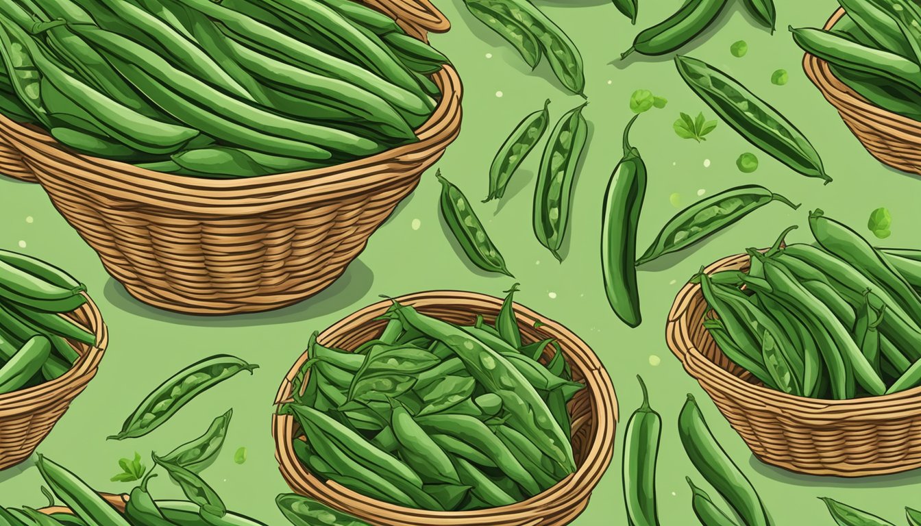 A bunch of fresh green beans neatly arranged in a wicker basket, with vibrant green color and no signs of wilting or spoilage