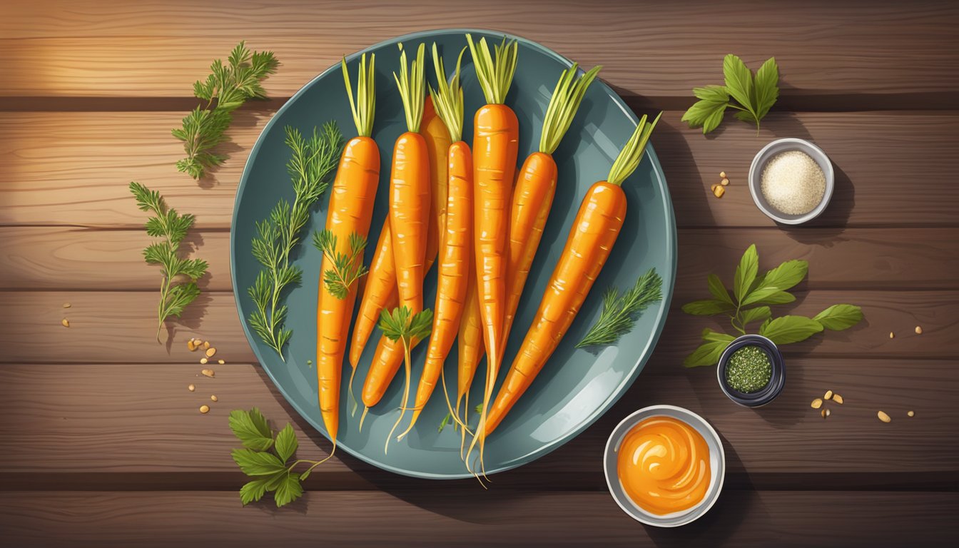 A plate of golden glazed carrots, glistening with a gluten-free glaze, garnished with fresh herbs, and placed on a rustic wooden table