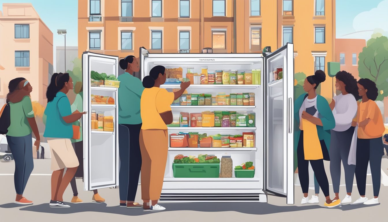 A community fridge filled with donated food and essential items, surrounded by a diverse group of people accessing and contributing to the resource