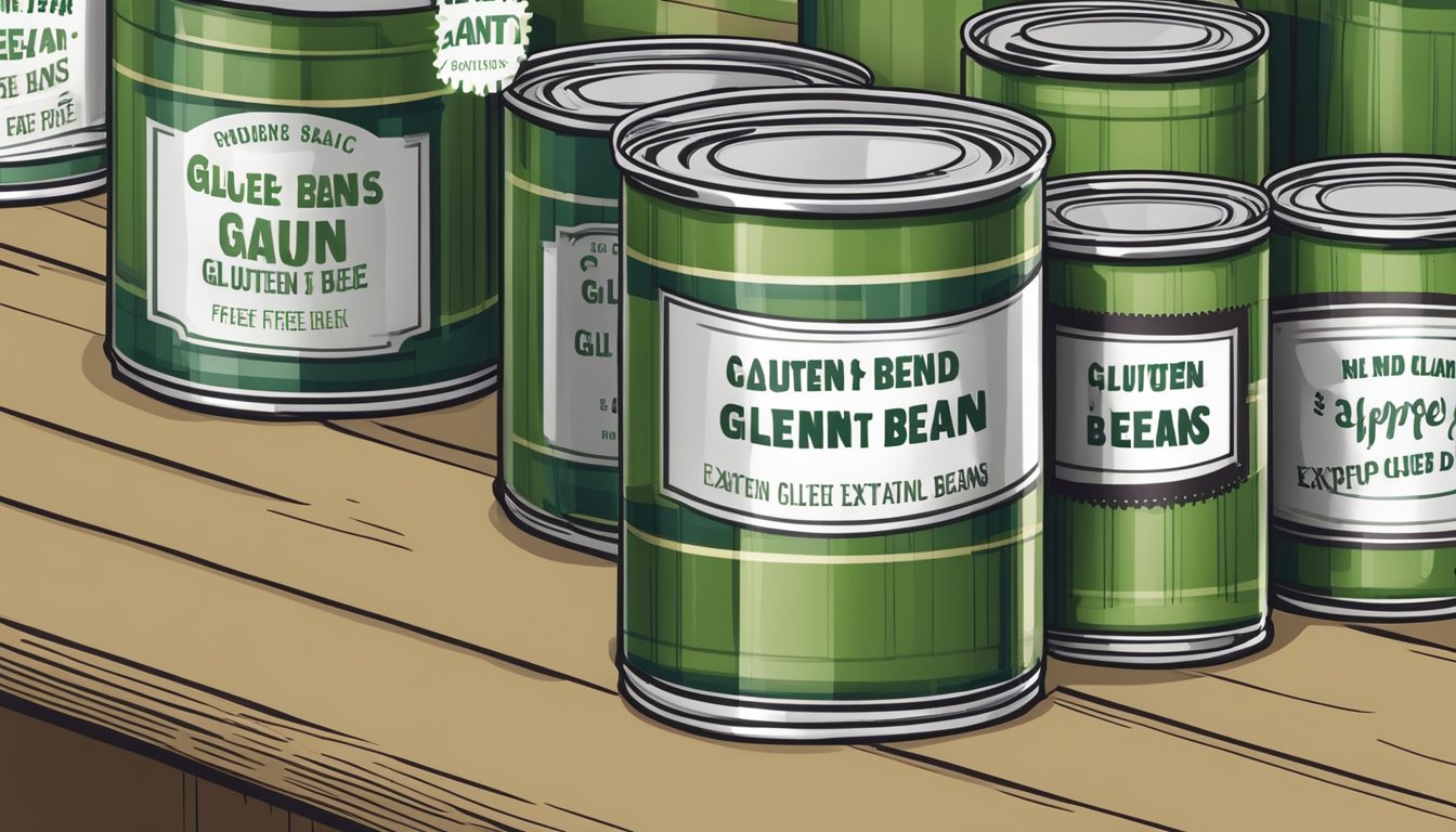 A pantry shelf with canned green beans, gluten-free label, and expiration date