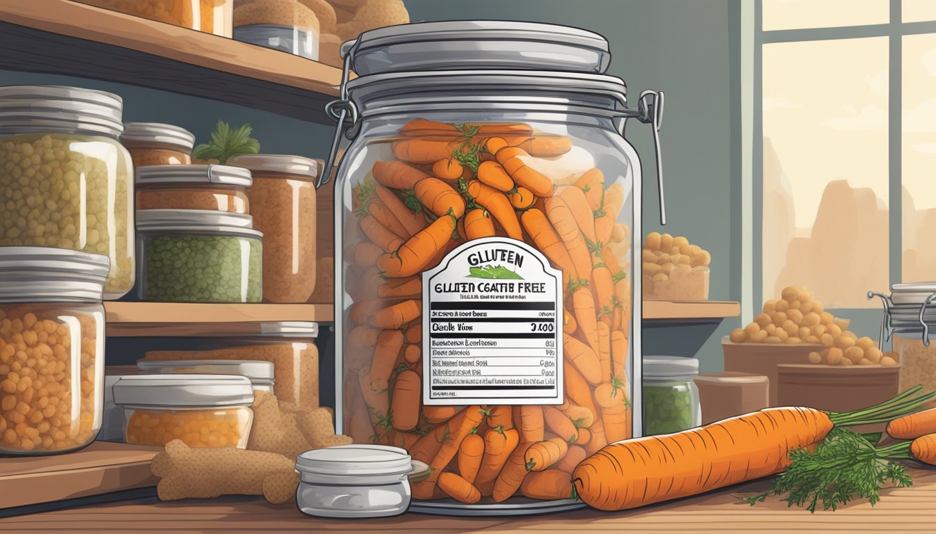 A jar of gluten-free glazed carrots sits on a shelf, surrounded by other preserved foods. The label indicates the expiration date and storage instructions