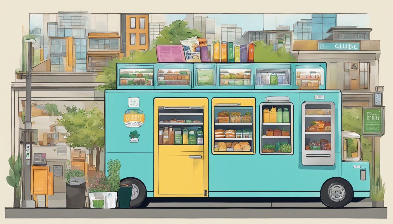 A colorful guide with illustrations of community fridges in Vancouver, WA, showcasing various locations and items inside