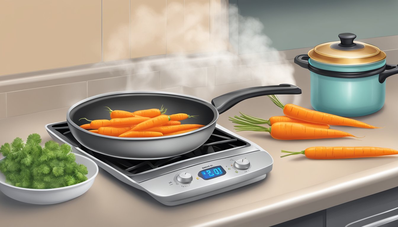 A steaming pot of gluten-free glazed carrots on a stovetop. A timer set for reheating