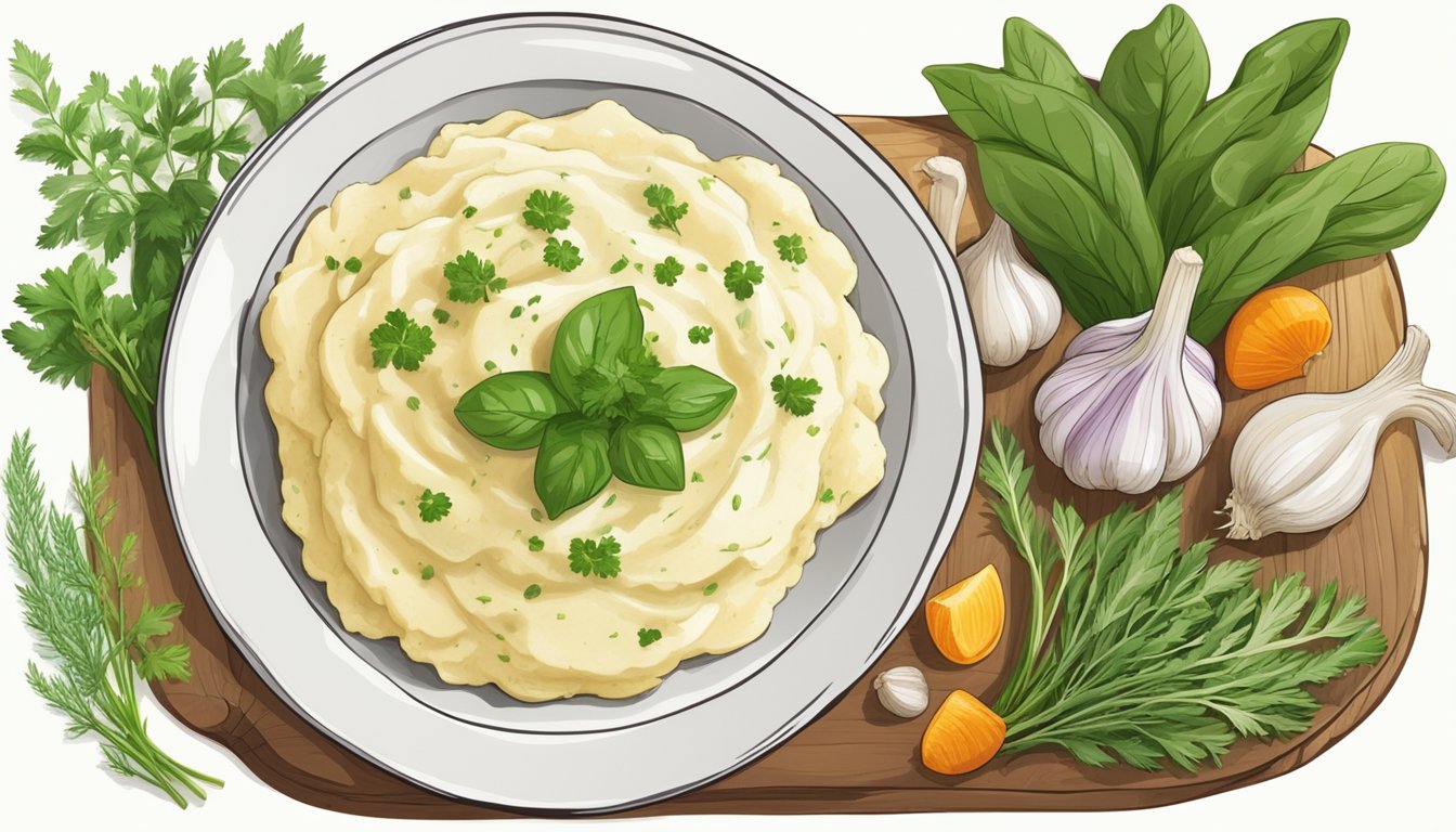 A plate of gluten-free garlic mashed potatoes sits on a rustic wooden table, surrounded by a variety of fresh herbs and vegetables