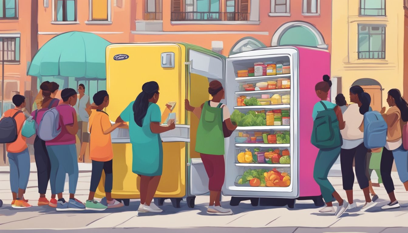 A brightly painted fridge stands on a sidewalk, surrounded by a diverse group of people adding food and taking what they need