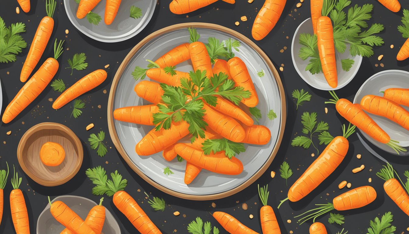 A plate of gluten-free glazed carrots sits on a wooden table, surrounded by a few scattered crumbs. The carrots are glistening with a sweet glaze, and a sprig of parsley adds a pop of color