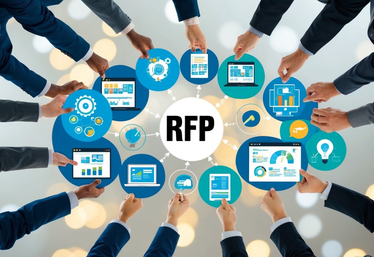 Une vue panoramique de divers outils numériques pour la gestion des demandes de propositions, chaque outil étant représenté visuellement et comparé de manière dynamique et engageante.