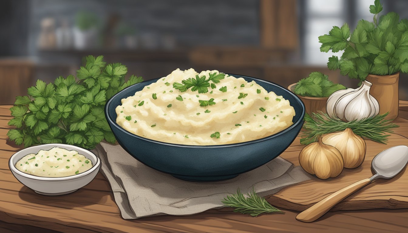 A bowl of gluten-free garlic mashed potatoes sits on a wooden table, garnished with fresh herbs and served in a rustic, earthy dish