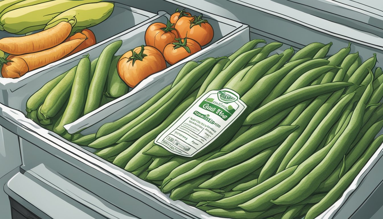 A sealed bag of gluten-free green beans sits in a refrigerator next to other fresh produce. The beans are labeled with a "use by" date and surrounded by ice packs to maintain freshness