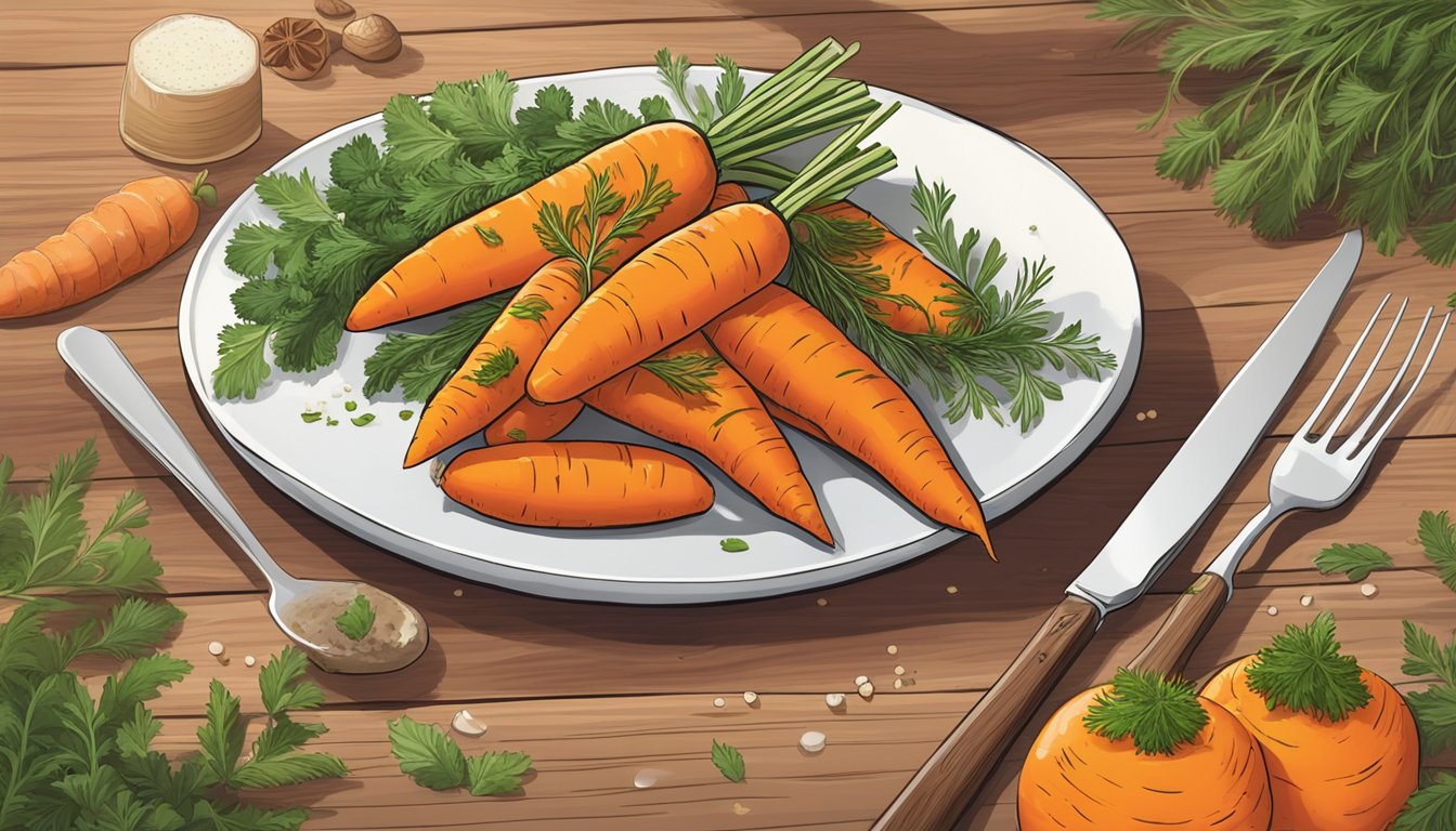 A plate of gluten-free glazed carrots on a wooden table, surrounded by fresh herbs and spices. The carrots are glistening with a sweet glaze and are ready to be served