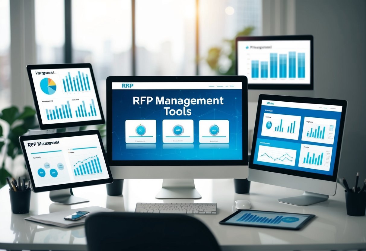 Un bureau avec plusieurs appareils numériques affichant des outils de gestion des RFP, entouré de graphiques et de diagrammes pour une analyse approfondie.