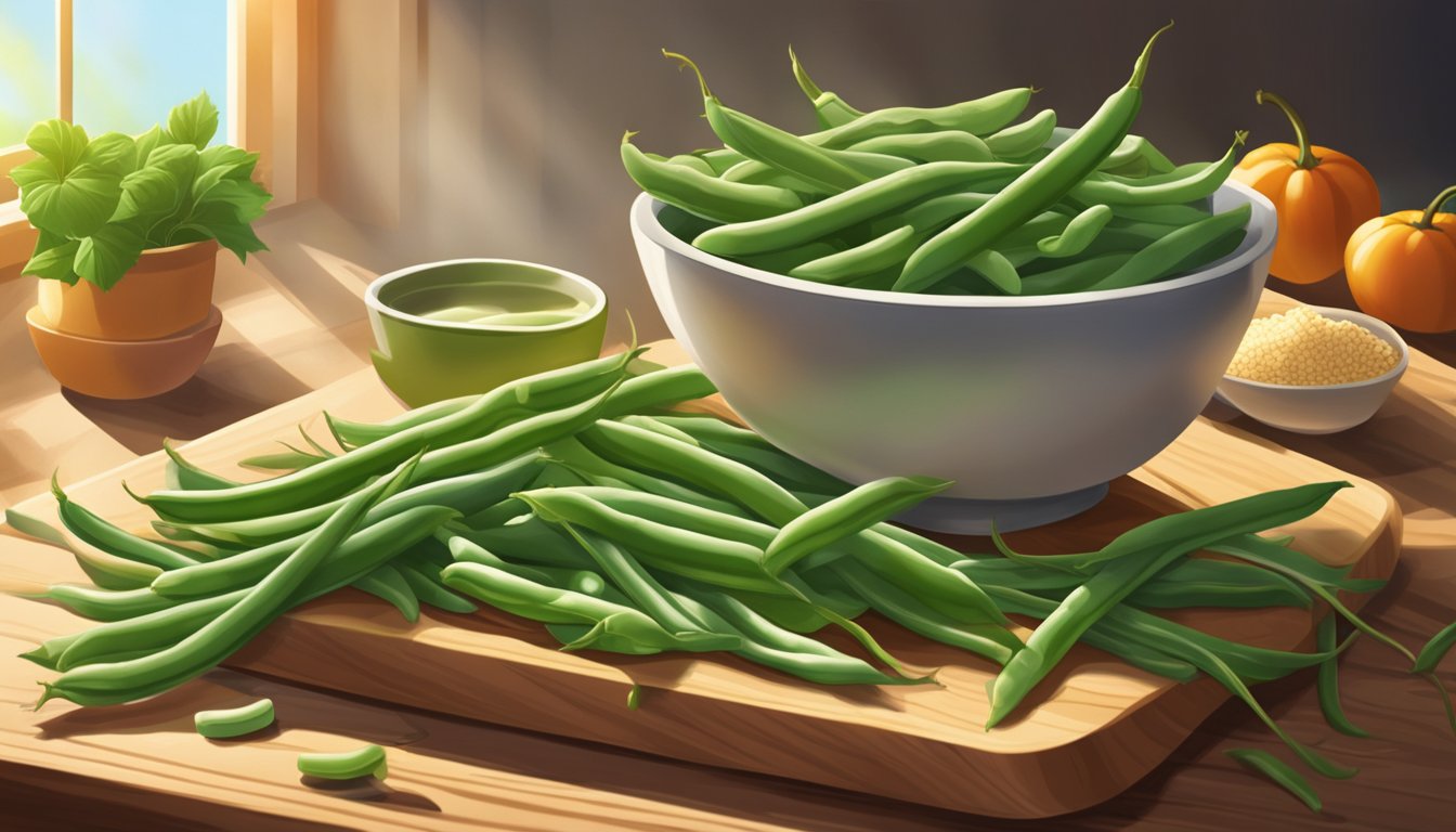 A bowl of fresh green beans sits on a wooden cutting board, surrounded by colorful gluten-free ingredients. Sunlight streams through a nearby window, casting a warm glow on the scene