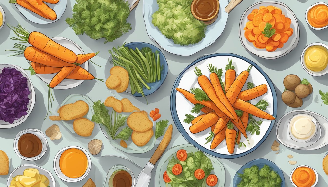 A plate of gluten-free glazed carrots surrounded by colorful complementary side dishes