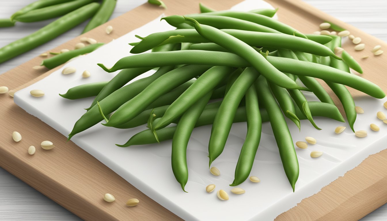 A bundle of fresh green beans sits on a clean, white cutting board, surrounded by scattered grains of rice, a gluten-free label visible on the packaging