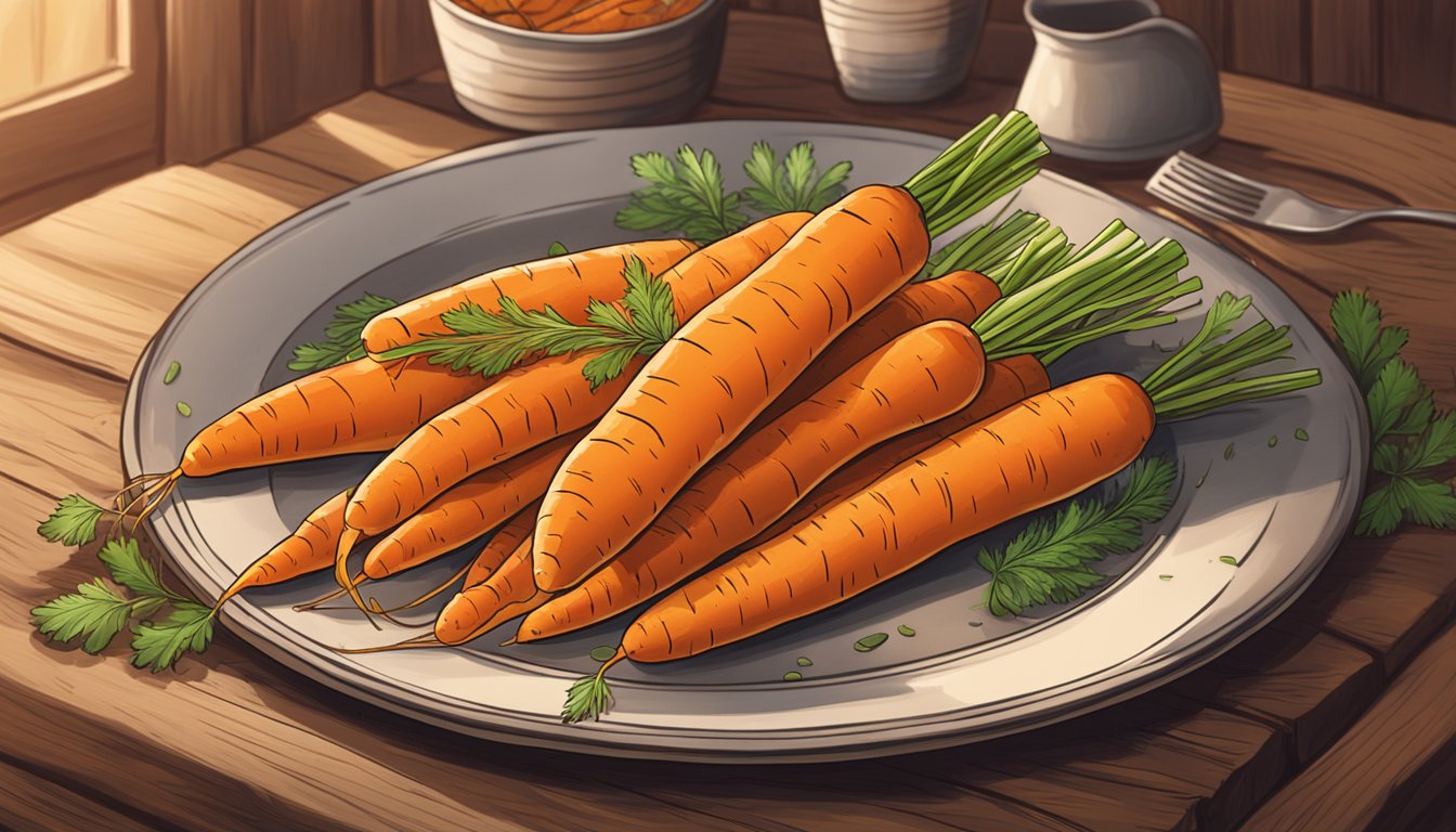 A plate of gluten-free glazed carrots sits on a rustic wooden table, surrounded by a warm, inviting atmosphere