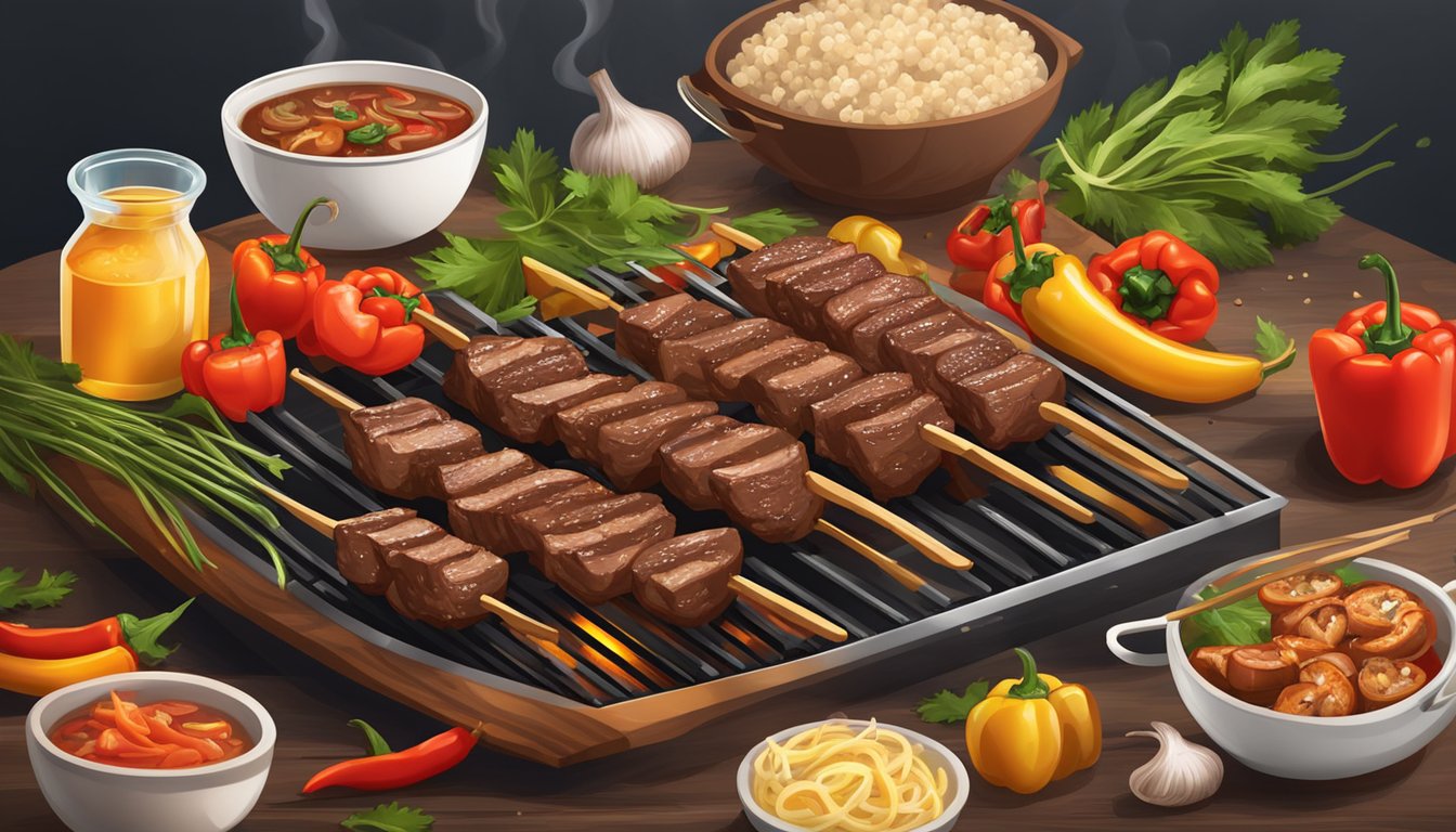 A sizzling grill with beef skewers, surrounded by fresh gluten-free ingredients like peppers, onions, and mushrooms