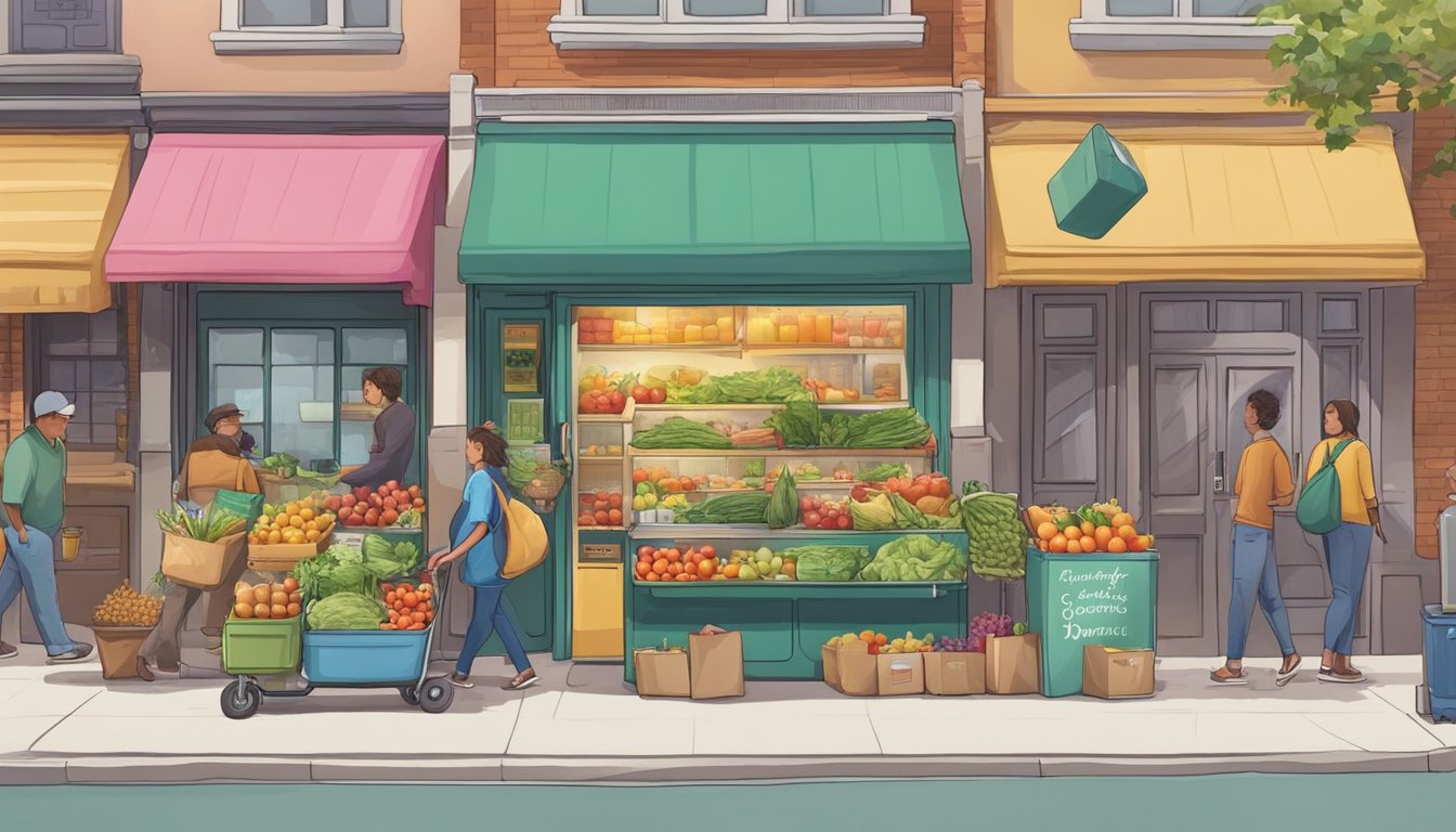 A bustling street corner with a colorful, decorated fridge filled with fresh produce and goods. People of all ages and backgrounds are seen dropping off donations and taking items from the fridge