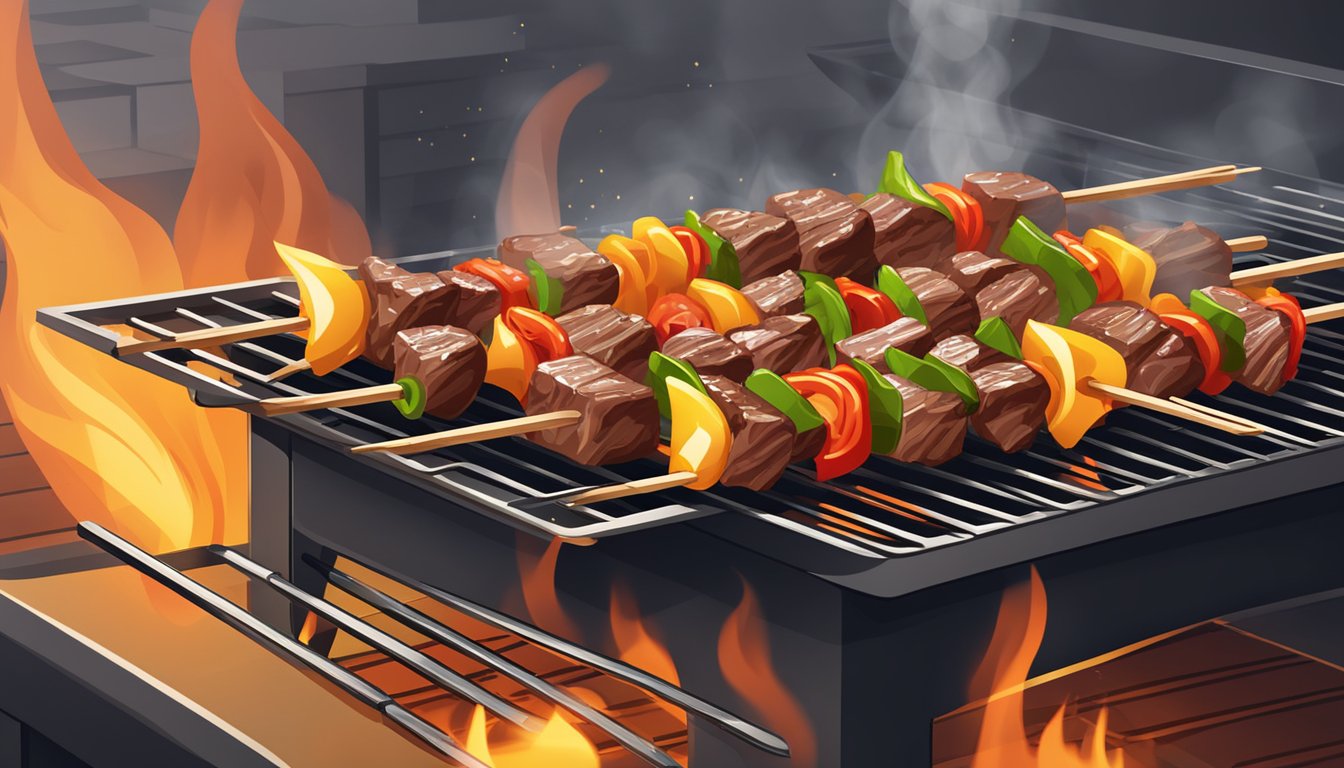 Gluten-free beef skewers grilling on a barbecue with vibrant flames underneath