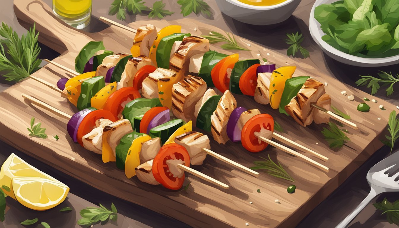 Gluten-free grilled chicken skewers on a wooden cutting board, surrounded by fresh herbs and colorful vegetables, with a light drizzle of olive oil