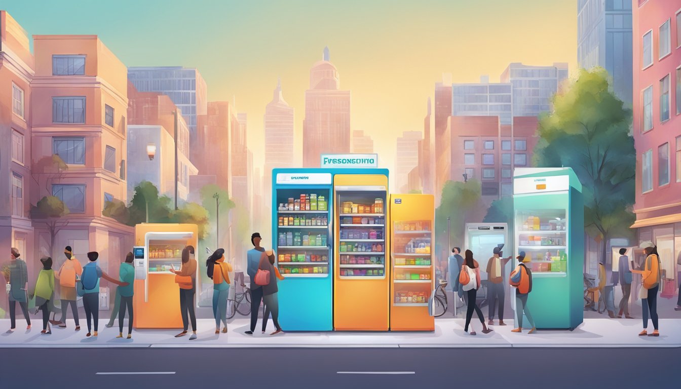 A vibrant cityscape with a local community fridge at the center, surrounded by people using technology and social media to share and access information