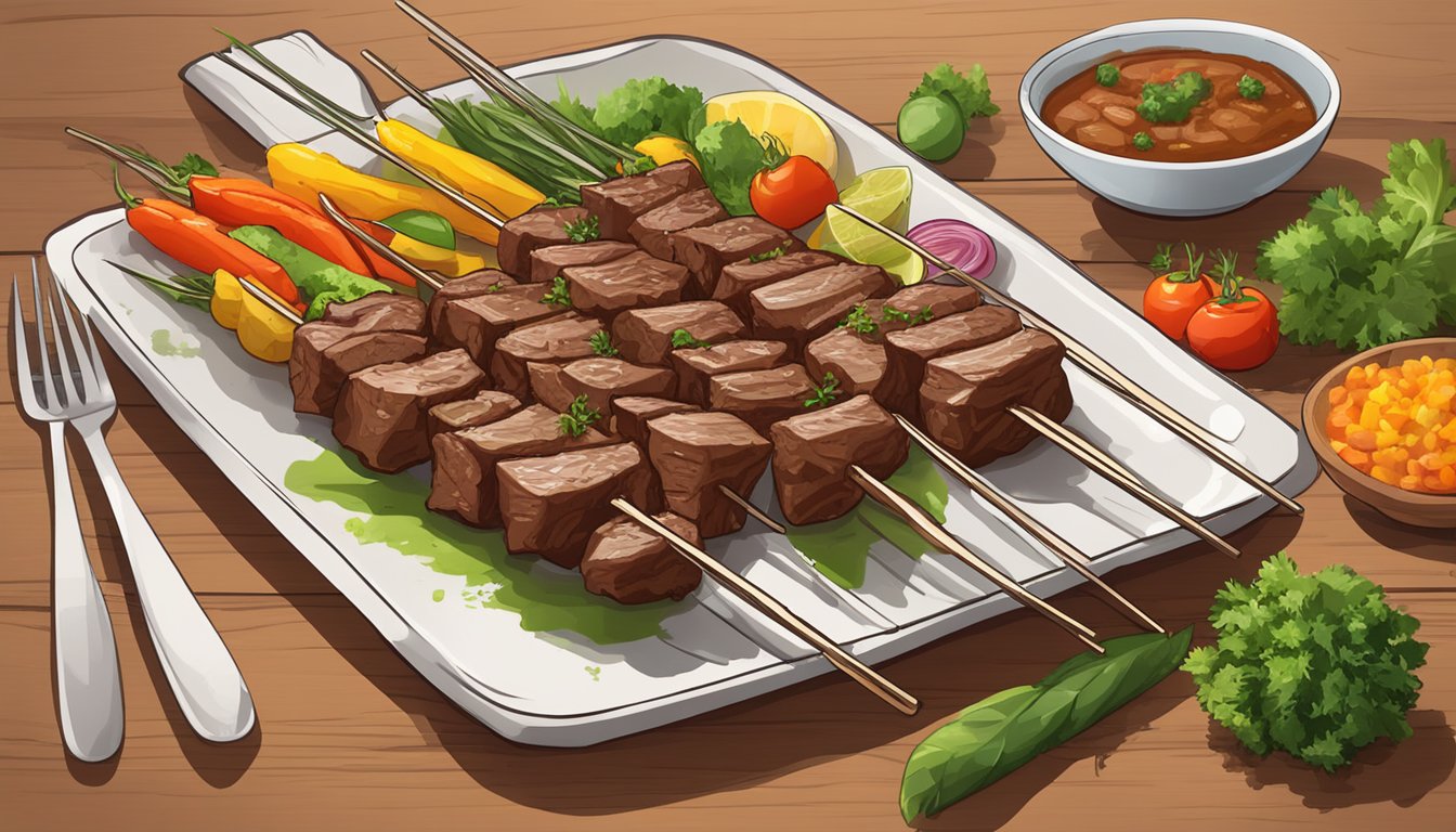 A plate of gluten-free grilled beef skewers on a wooden serving board, with colorful vegetables and herbs as garnish