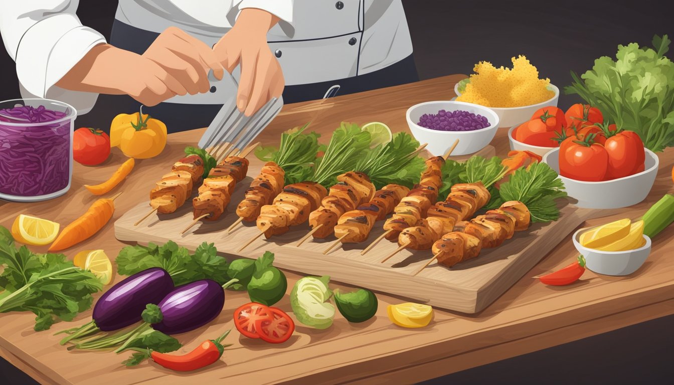 A chef selecting fresh, organic ingredients for gluten-free grilled chicken skewers. The scene includes a variety of colorful vegetables and herbs laid out on a wooden cutting board