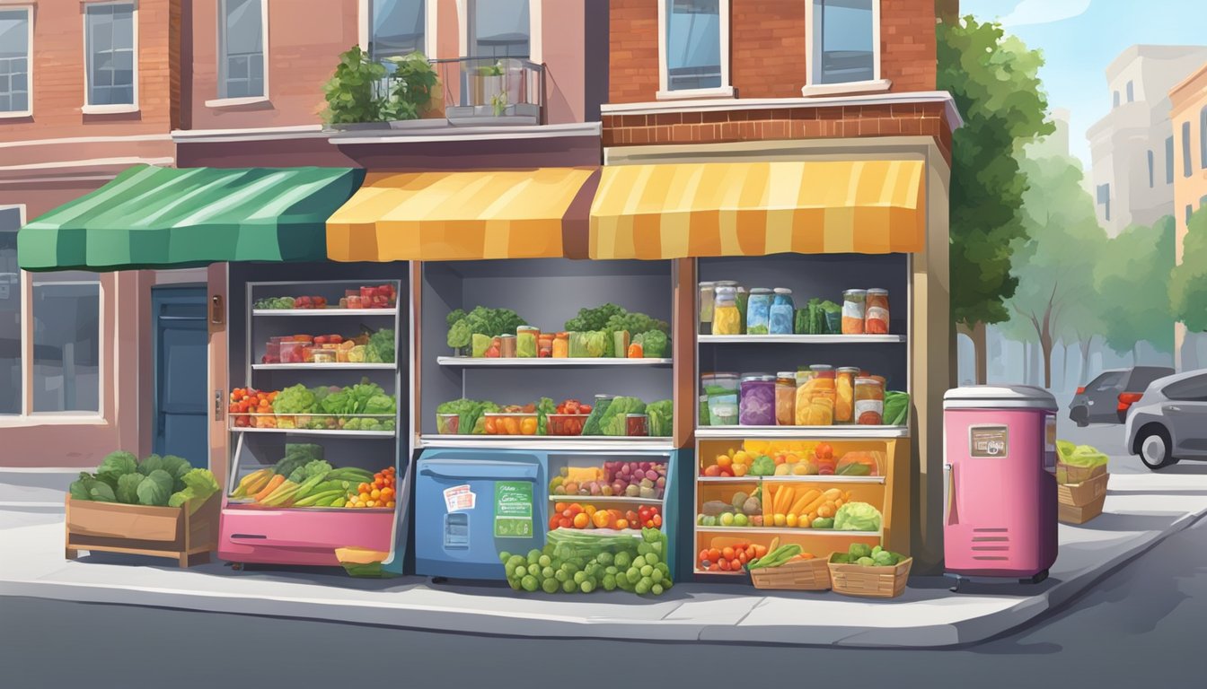 A colorful community fridge stands on a busy street corner, filled with fresh produce and canned goods. People stop by to leave donations or take what they need