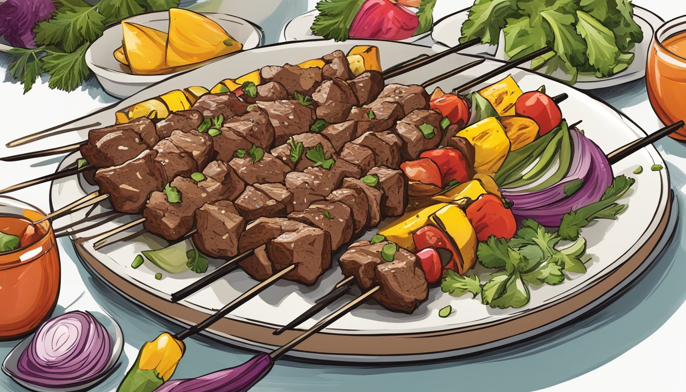 A plate of gluten-free grilled beef skewers, fresh off the grill, with colorful vegetables and seasonings, ready to be enjoyed