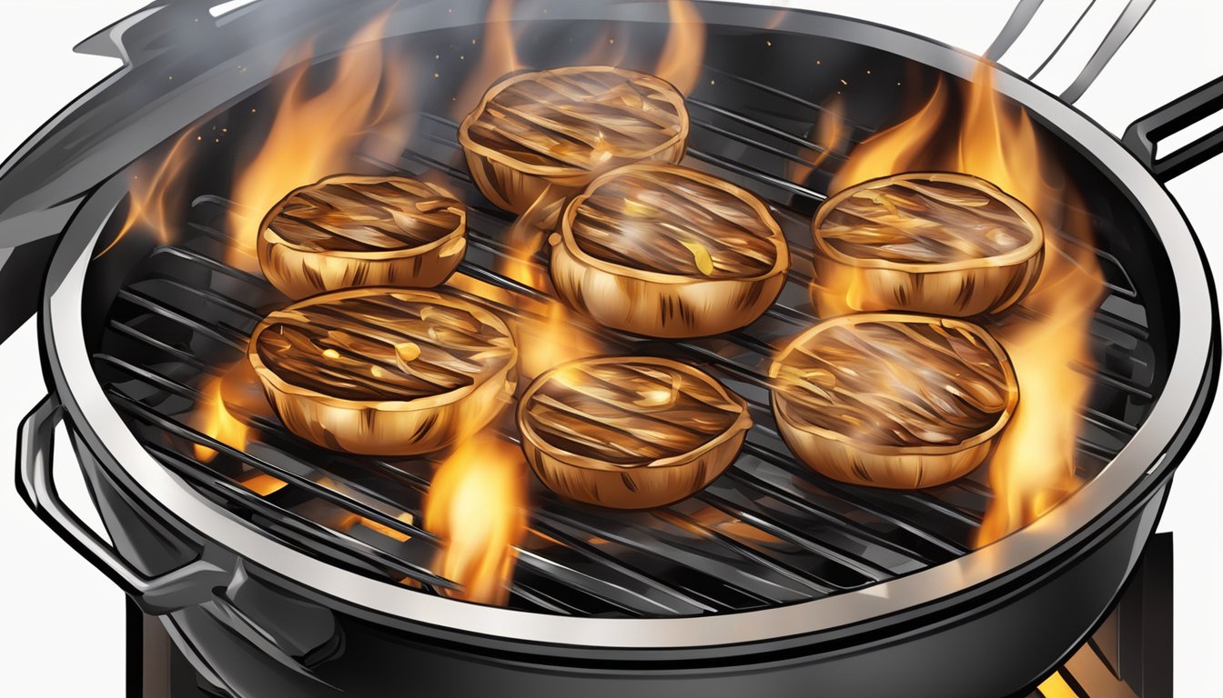 A sizzling grill with golden-brown onions cooking over the flames, emitting a savory aroma