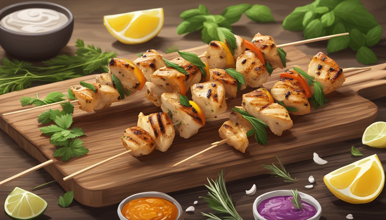 Gluten-free grilled chicken skewers on a wooden cutting board with fresh herbs and spices, ready for preparation