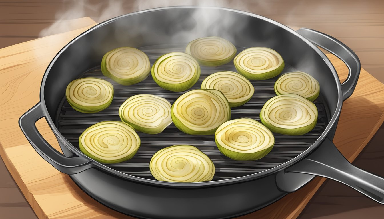 Sliced gluten-free grilled onions in a pan, steam rising