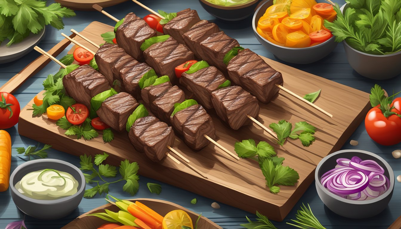 Gluten-free grilled beef skewers on a wooden platter surrounded by fresh herbs and colorful vegetables