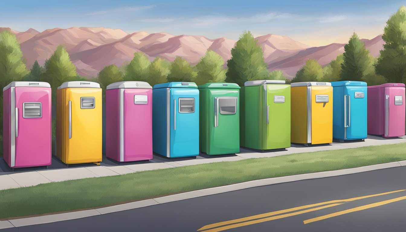 A row of colorful community fridges lined up against a wall in West Valley City, Utah