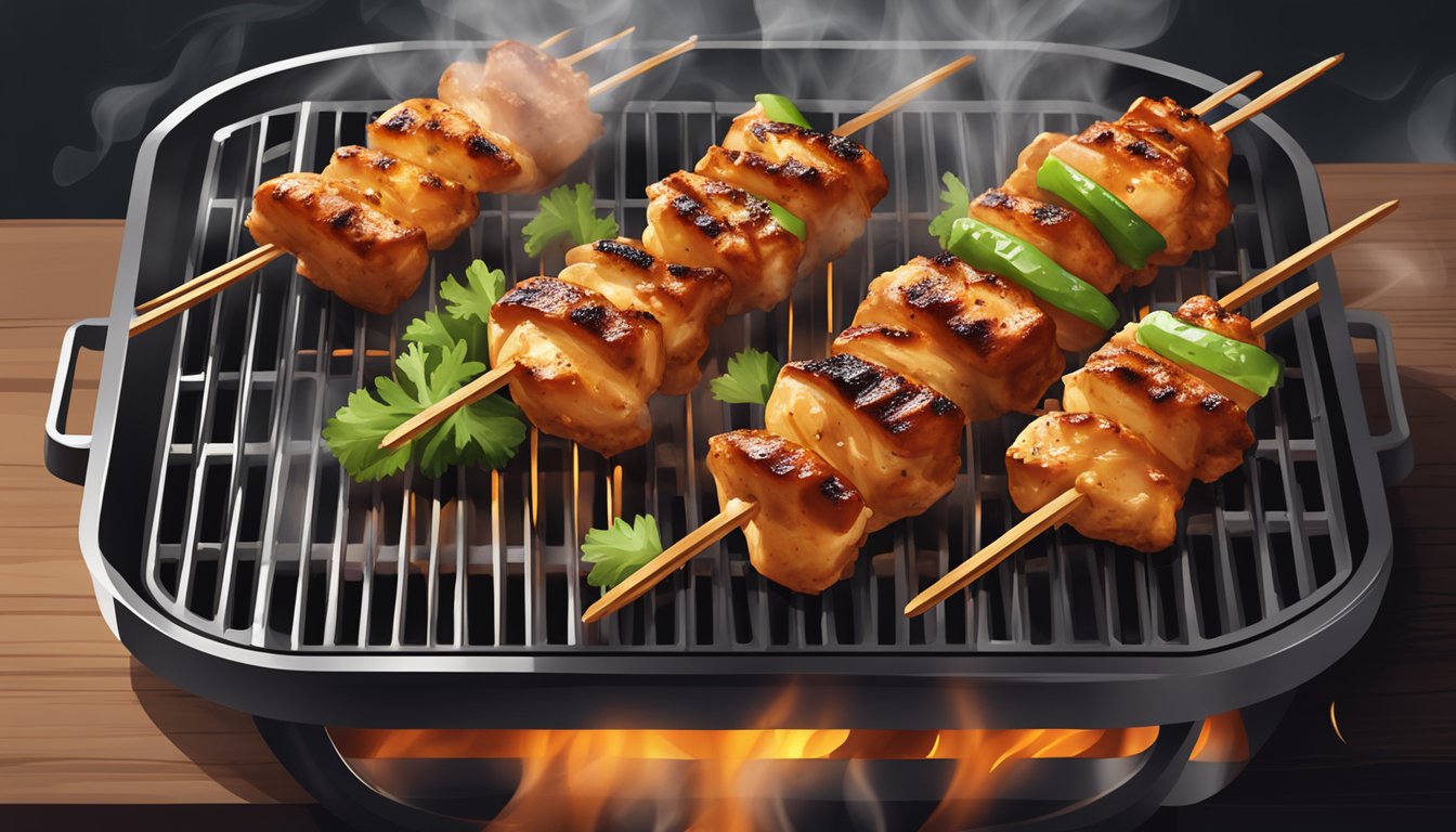 Chicken skewers sizzling on a hot grill, smoke rising, with grill marks visible on the gluten-free meat