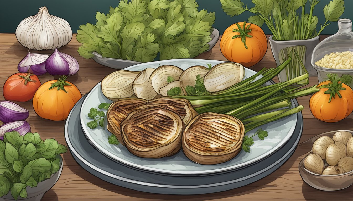 A plate of grilled onions with a gluten-free label, surrounded by various vegetables and herbs