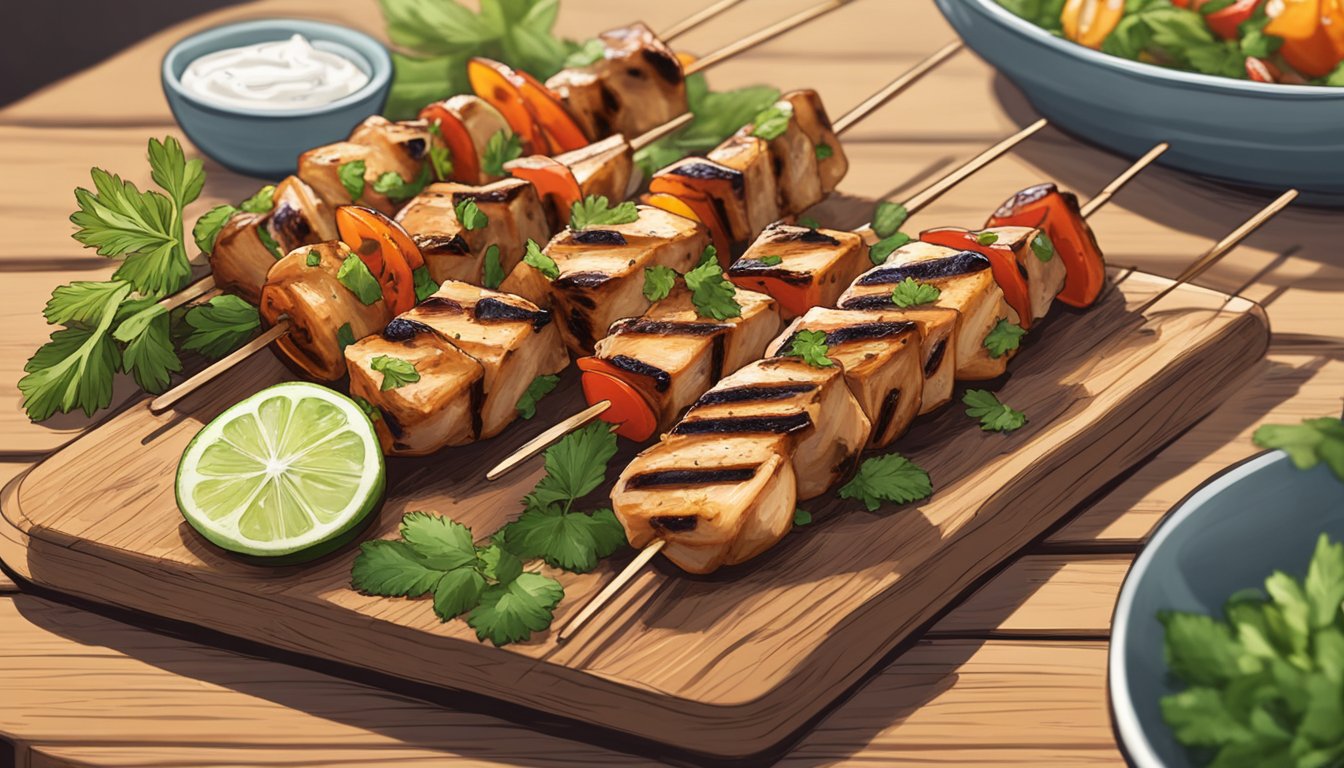 A plate of gluten-free grilled chicken skewers, garnished with fresh herbs, sitting on a wooden cutting board