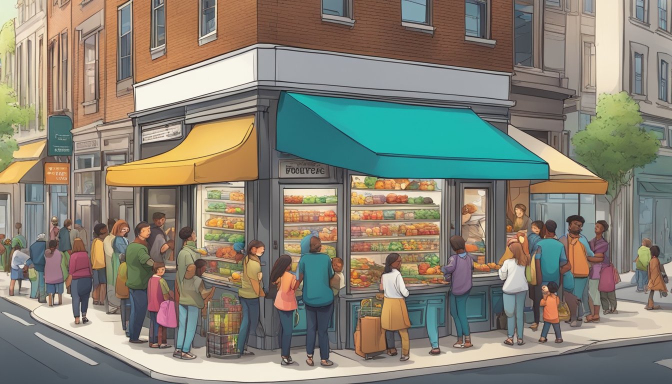 A bustling street corner with a colorful, well-stocked community fridge surrounded by people happily donating and taking food