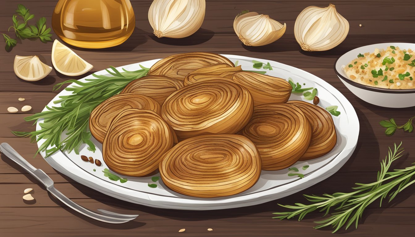 A plate of gluten-free grilled onions sits on a wooden cutting board, surrounded by fresh herbs and spices. The onions are golden brown and caramelized, emitting a delicious aroma