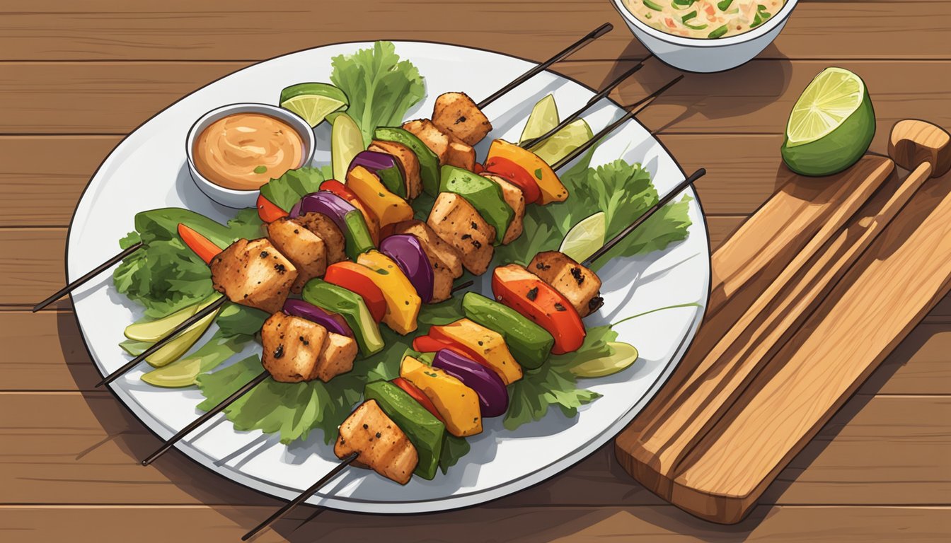 A plate of gluten-free grilled chicken skewers with assorted vegetables, sitting on a wooden cutting board