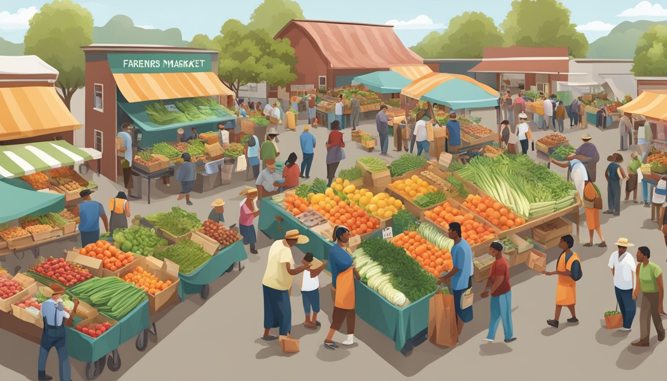 A bustling farmers market with vendors and community members exchanging goods and produce