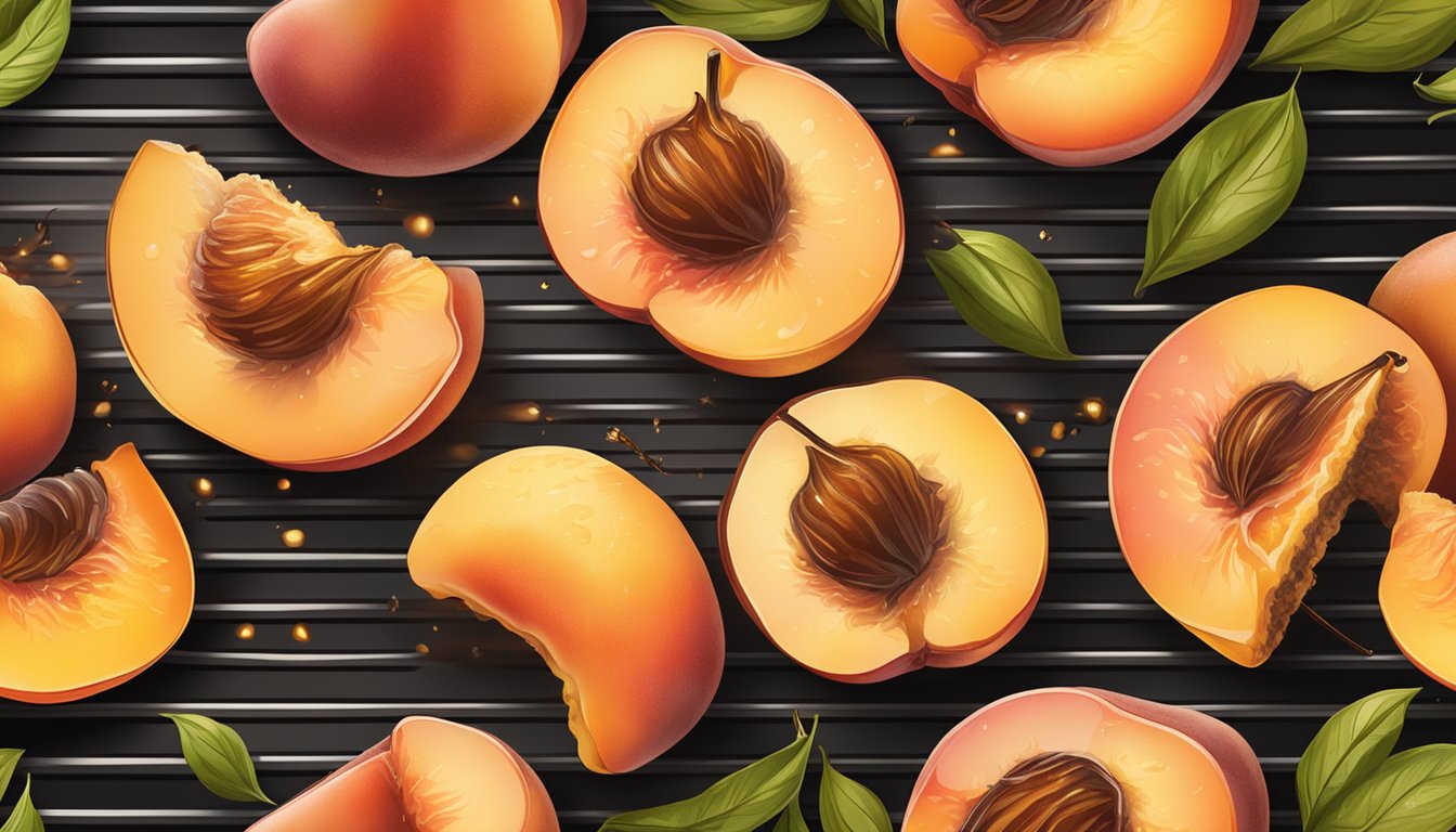 Ripe peaches on a grill, caramelizing over the flames, emitting a sweet and smoky aroma, with a sprinkle of cinnamon and a drizzle of honey