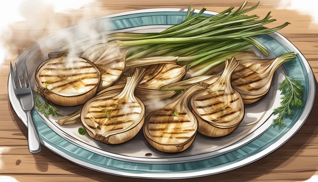 A plate of grilled onions with steam rising, surrounded by herbs and spices