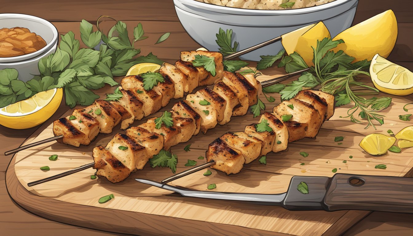 Gluten-free grilled chicken skewers on a wooden cutting board, surrounded by fresh herbs and spices. A plate with lemon wedges sits nearby