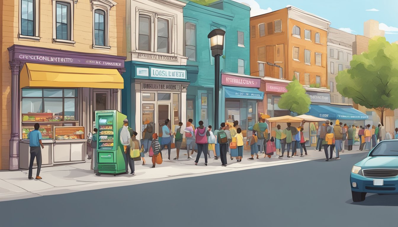 A bustling street corner with a colorful community fridge surrounded by people donating and taking food. A sign advertises local events and involvement opportunities