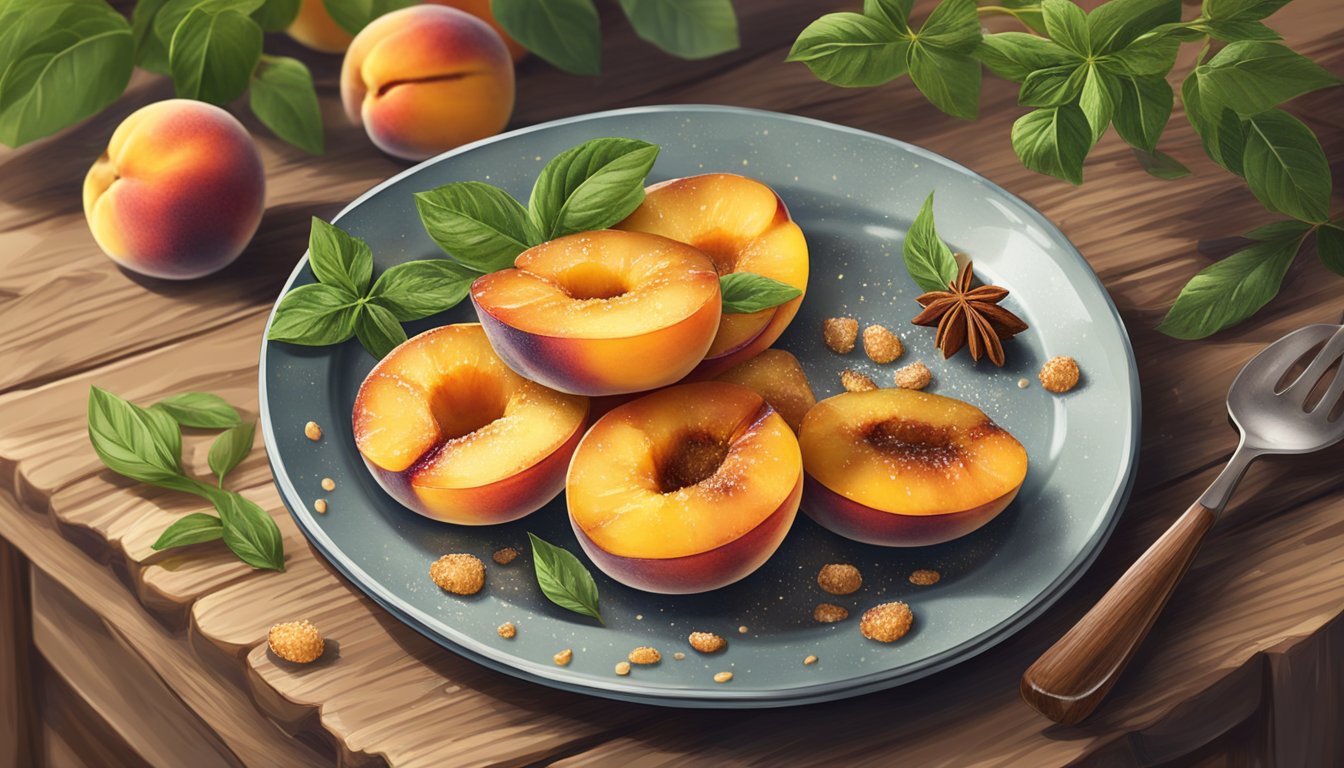 A plate of gluten-free grilled peaches, glistening with honey and sprinkled with cinnamon, sitting on a rustic wooden table surrounded by fresh fruit and herbs