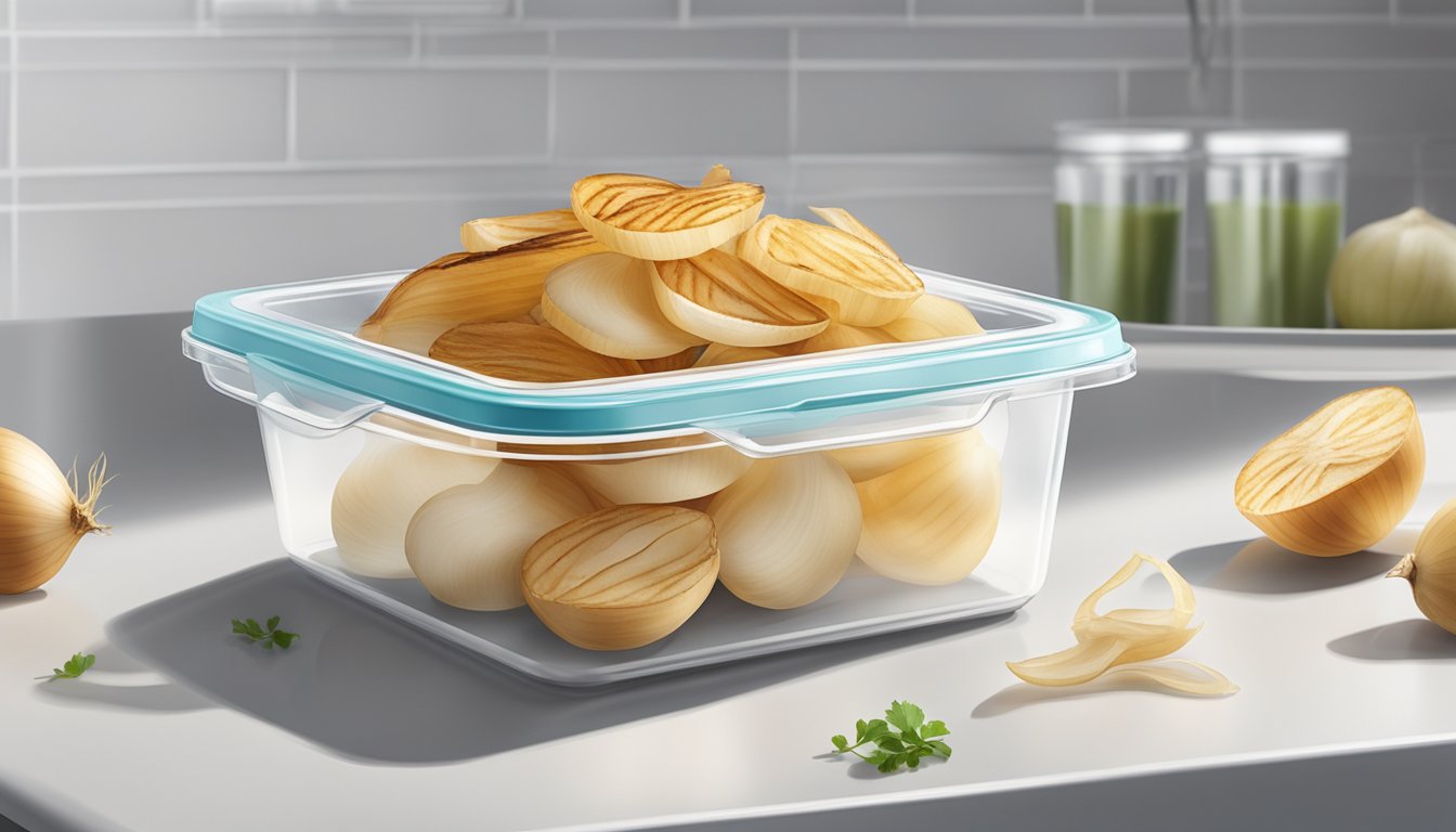 A plate of gluten-free grilled onions sits on a clean, white kitchen counter, covered with a transparent food storage container