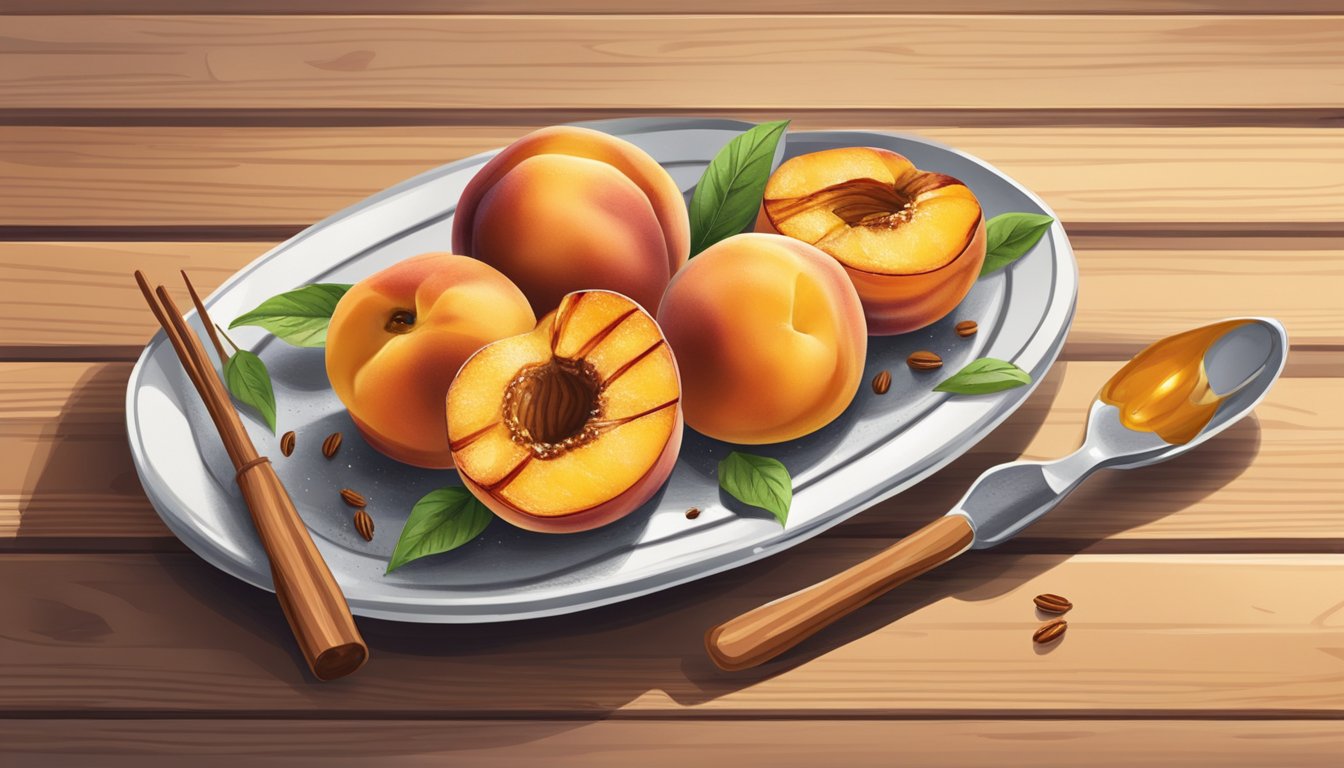 A plate of grilled peaches, arranged with a drizzle of honey and a sprinkle of cinnamon, sits on a wooden table. The peaches are ripe and juicy, with a golden brown grill marks