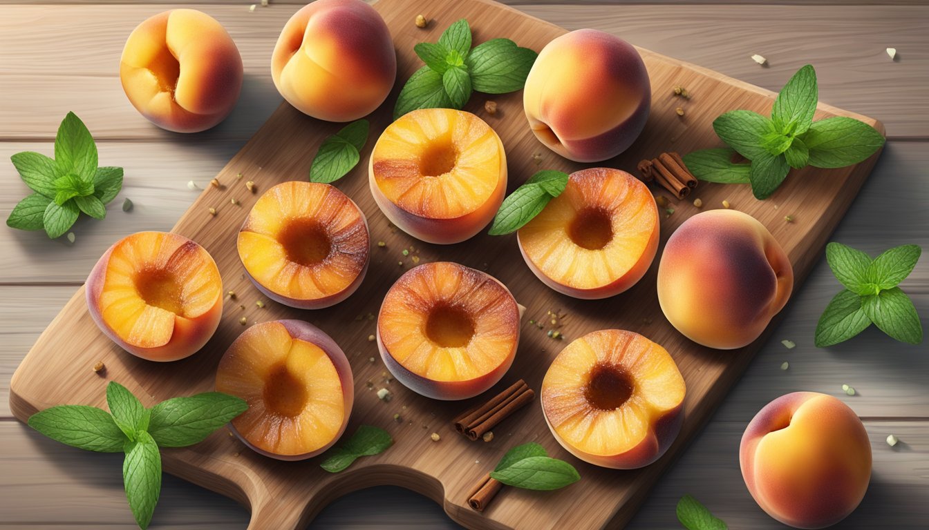 Gluten-free grilled peaches arranged on a wooden cutting board, with a sprinkle of cinnamon and honey drizzle, surrounded by fresh mint leaves