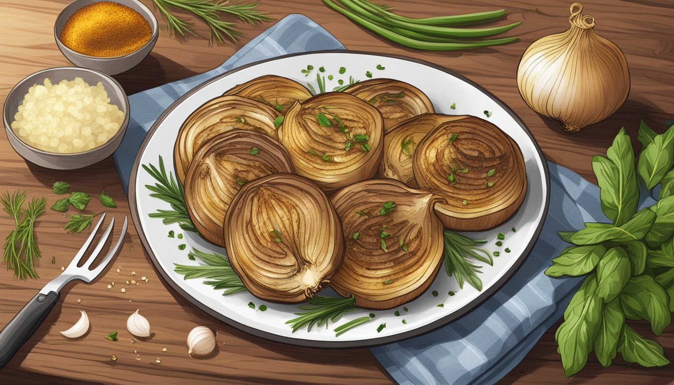 A plate of gluten-free grilled onions on a wooden cutting board, surrounded by fresh herbs and spices, with steam rising from the onions