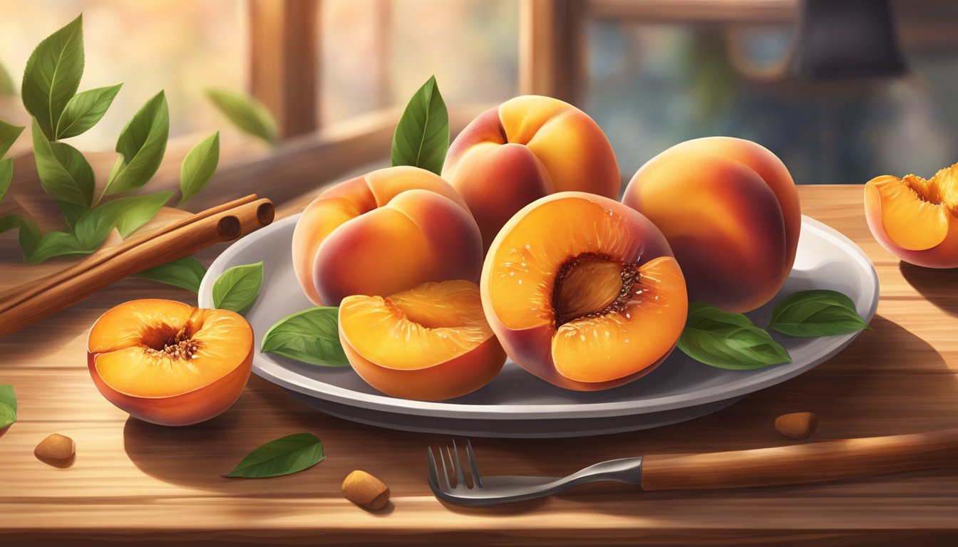 A plate of grilled peaches sits on a wooden table, surrounded by a warm, inviting atmosphere. The peaches are perfectly caramelized and topped with a sprinkle of cinnamon